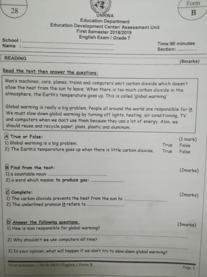 MTkxNDQzMQ88889 نموذج B وكالة اختبار اللغة الانجليزية النهائي للصف السابع الفصل الاول 2018